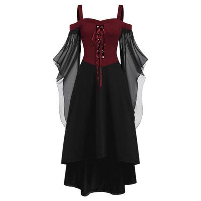 Edgy Gothic Attire Gothic Witch Halloween Costume with Lace-up Strap Collar Long Horn Sleeves Women's Cosplay Dress for Party