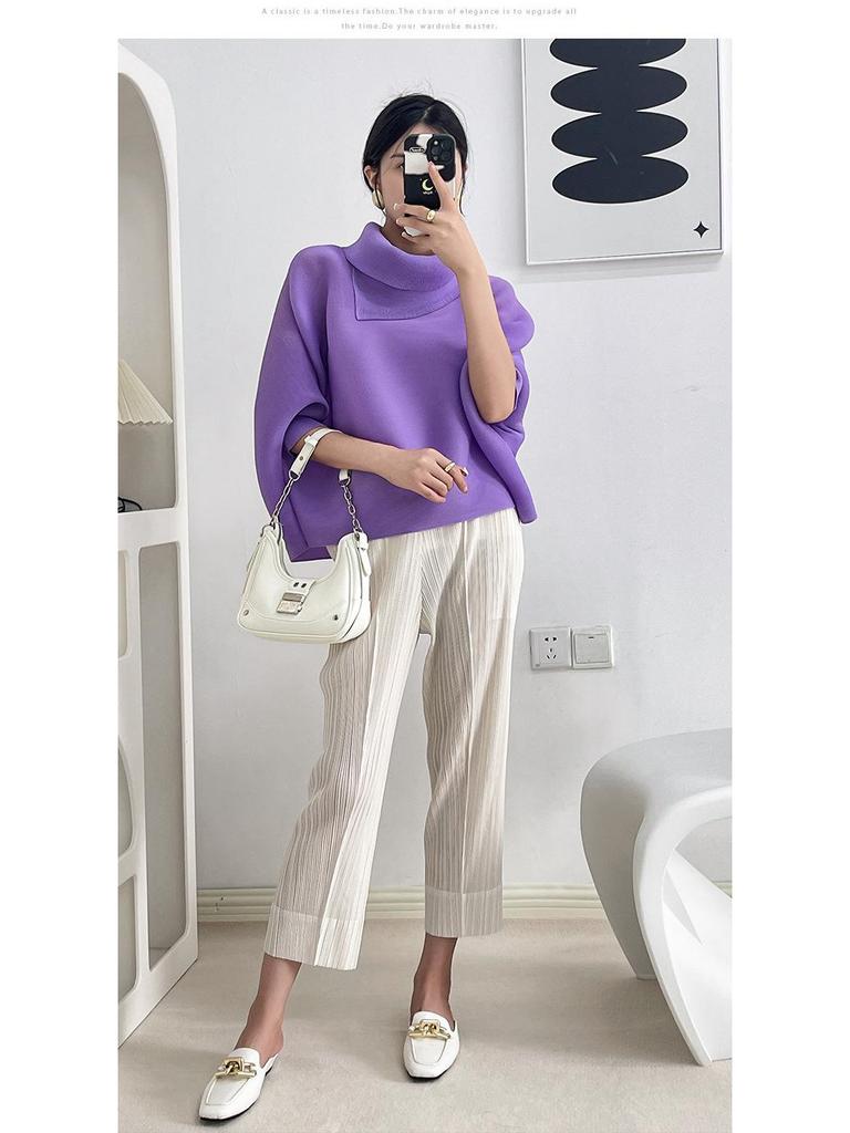 Miyake Damen Plissee Fledermausärmel Oberteil - Lockere Passform, Lange Ärmel, Einfarbig, Ideal für Frühling und Herbst