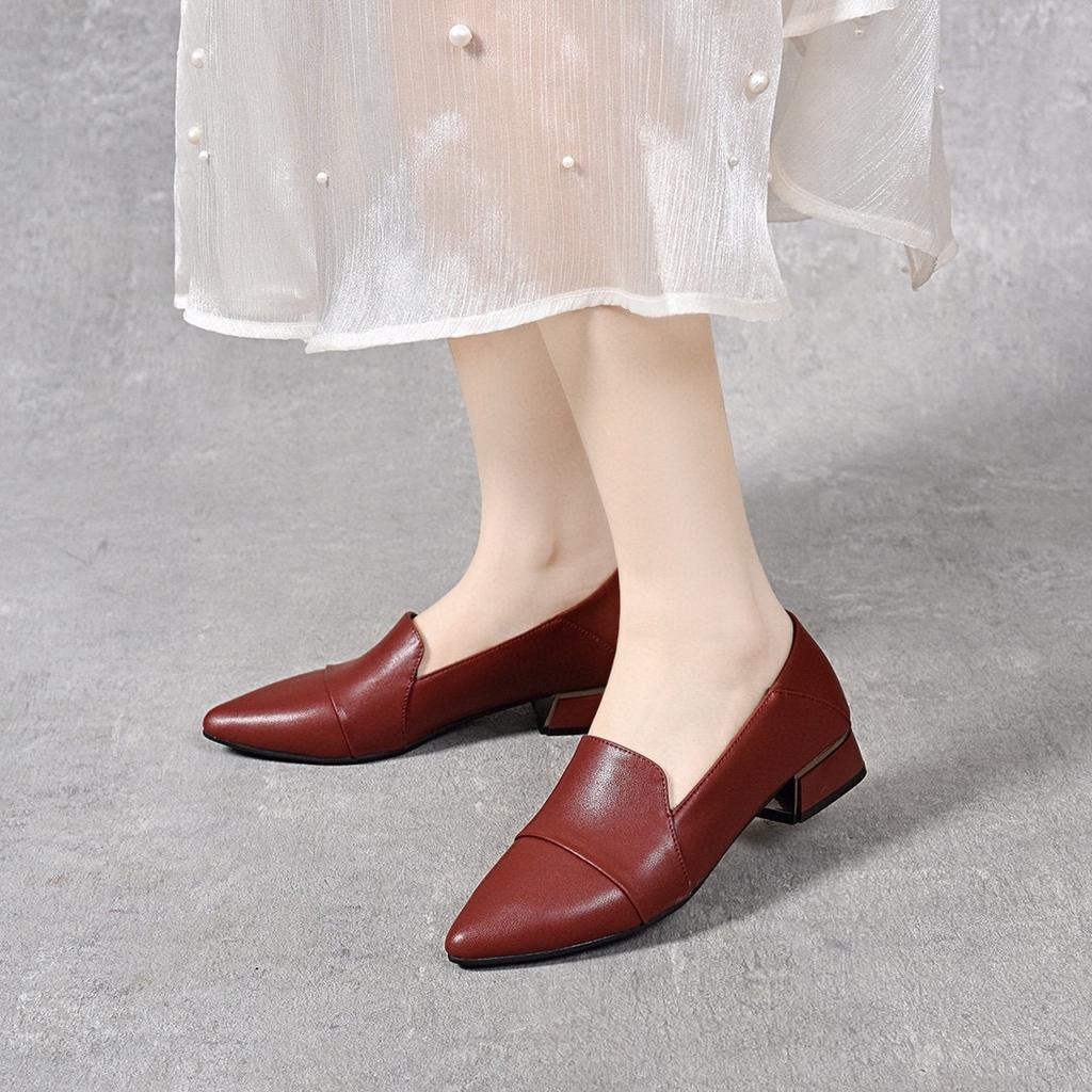 High heels women's spring new comfortable cowhide pointed thick heel medium heel work shoes one shoe two wear low-top shoes