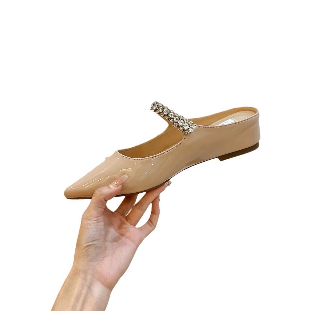 Cowhide Version~ Small Person Inner Height Increase Leather Cool Slippers Women's Summer Wear Pointed Rhinestones Half a Pedal Slippers