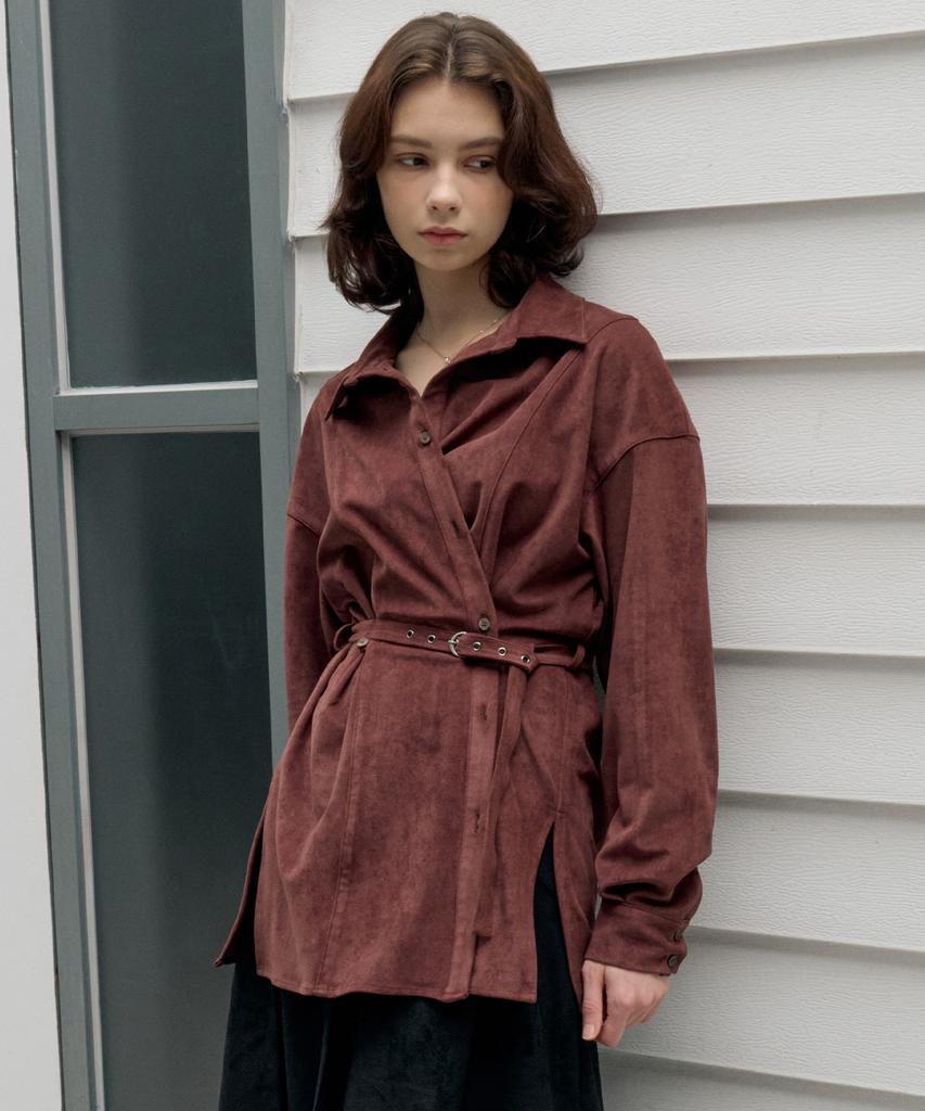 ITOV SEOUL Suede Belted Shirt Jacket Brown