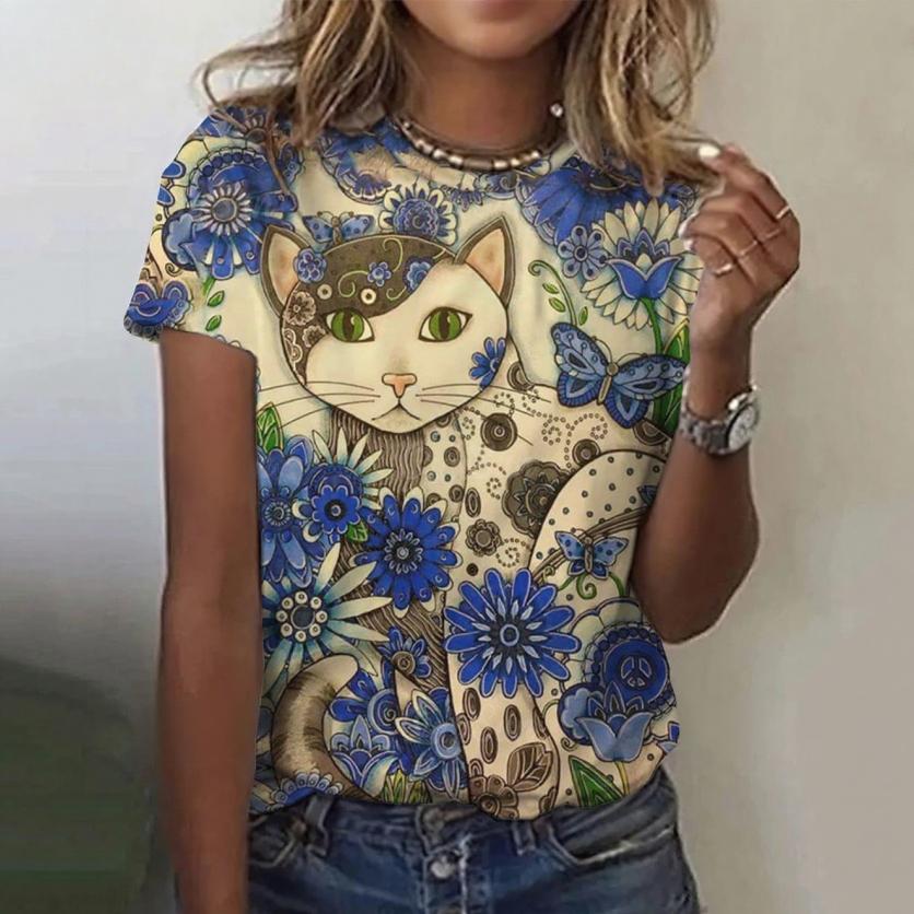 

Летний топ с круглым вырезом, 3D-принтом милого кота каваи, модная повседневная женская футболка с коротким рукавом 6XL