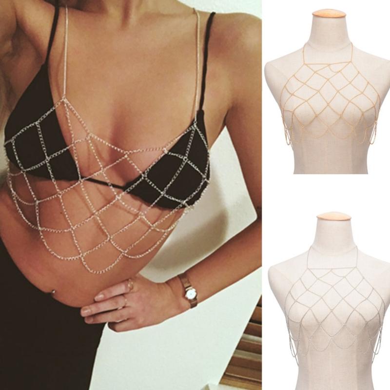 Mesh Body Chain Handmade Chest Chain Sexy Beach Bikini Bra Chain Harness Belt Body Accessories for Women and Girls