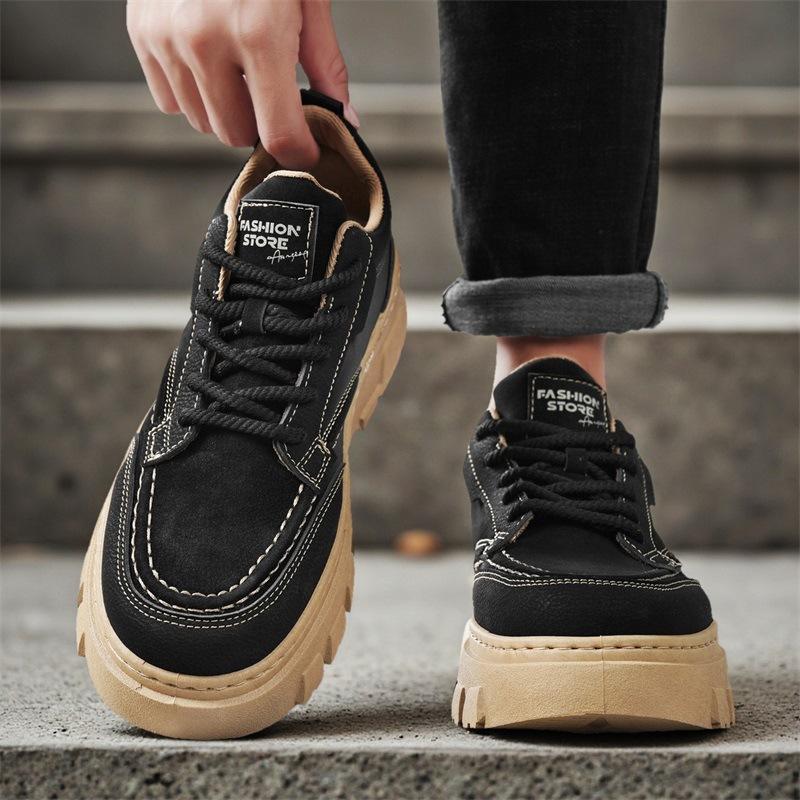 New Shoes for Men Leather Casual Platform Shoes Fashion Thick-soled Flat Skateboard Shoes Young Lace-up Sneaker