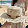 Woven Flat Top Hat Hollow Out Beach Sun Hat Fashion Straw Hat  Coastal Trip