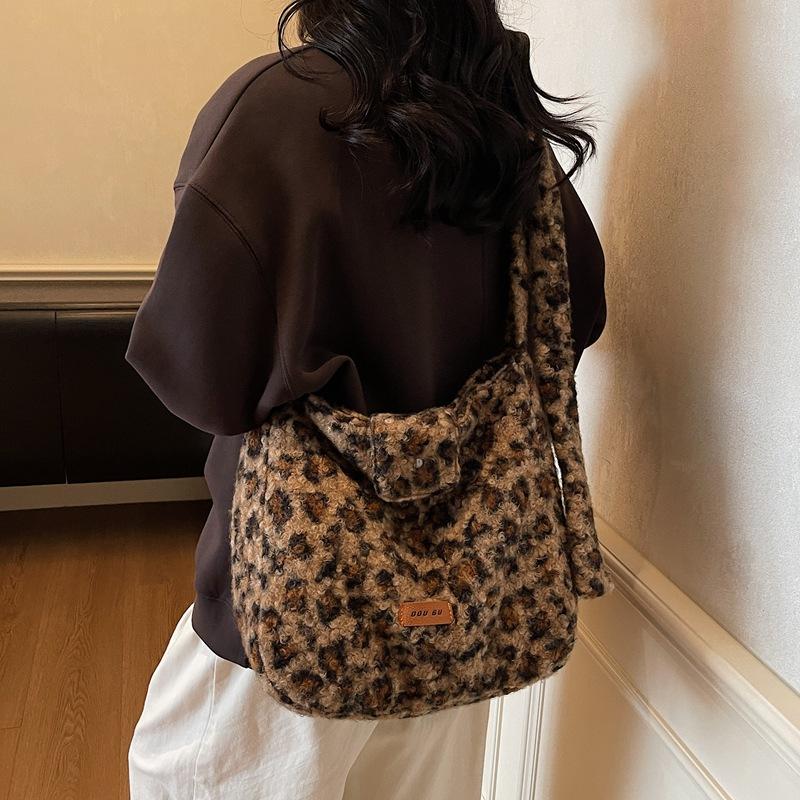 Leopard Print Fur Bag Women's Shoulder Crossbody Bag Vintage Tote Bag