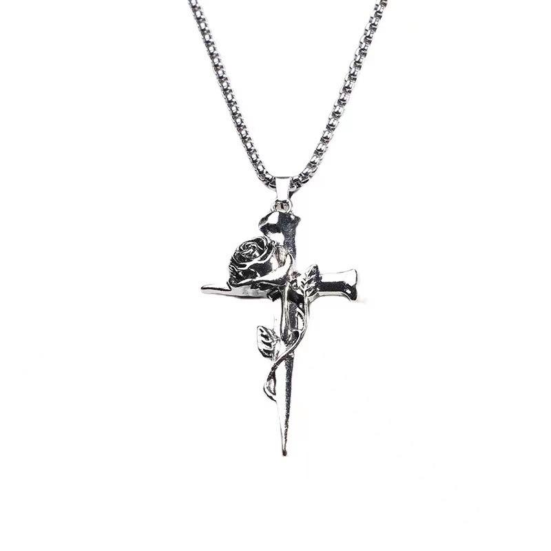 Long Chain Stylish Necklace With Unique Rose Cross Alloy Pendant For Trendsetters