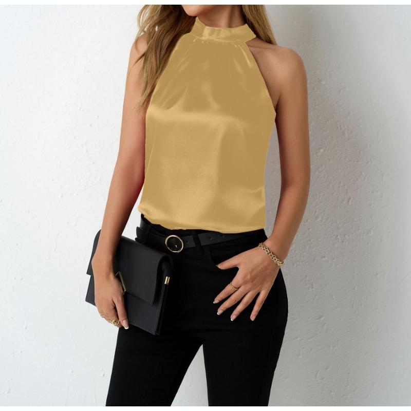 Women Red Satin Halter Neck Sleeveless Blouse S