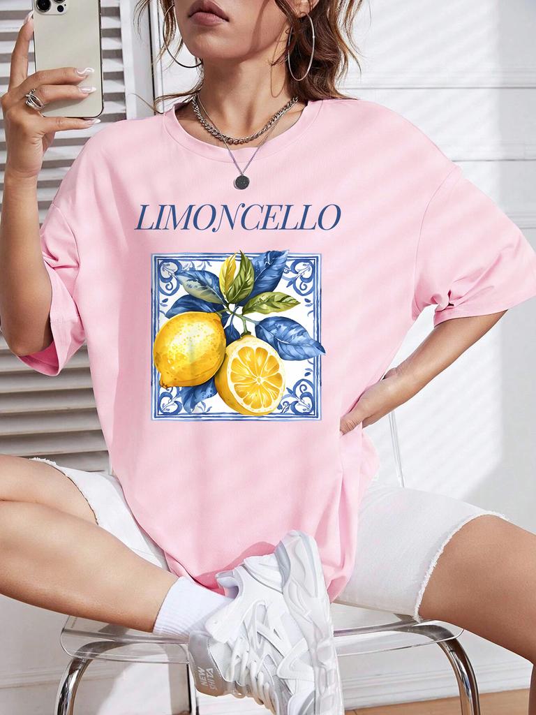 Lemon Cello Creative Fruits Printing TShirt Womens Cotton Summer Short Sleeve Comfortable Soft ONeck Tops Basic Woman Clothes