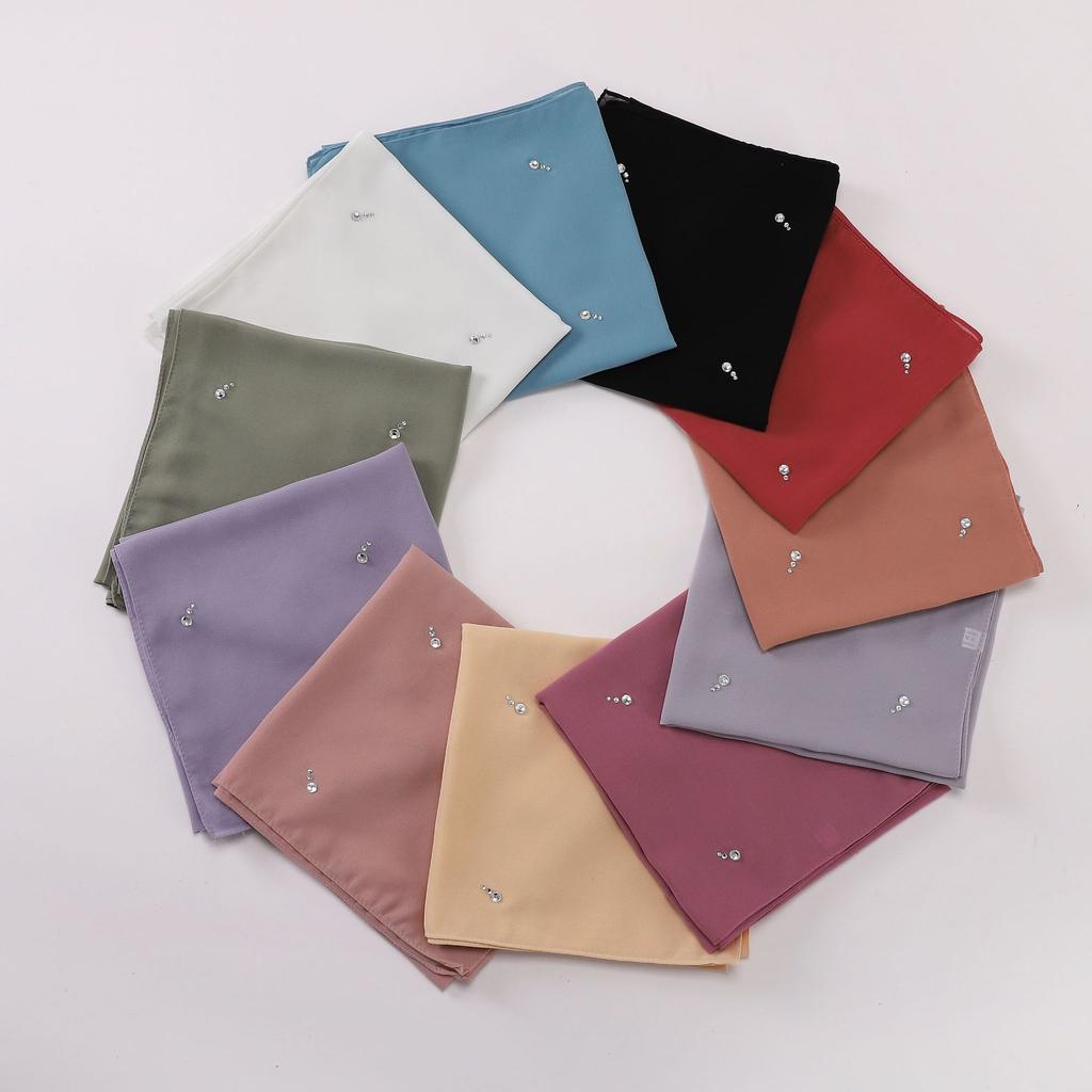 New Arrival Pearl Chiffon Drop-Shaped Rhinestone Square Scarf, High-Quality Hijab for Malaysian Malay Women