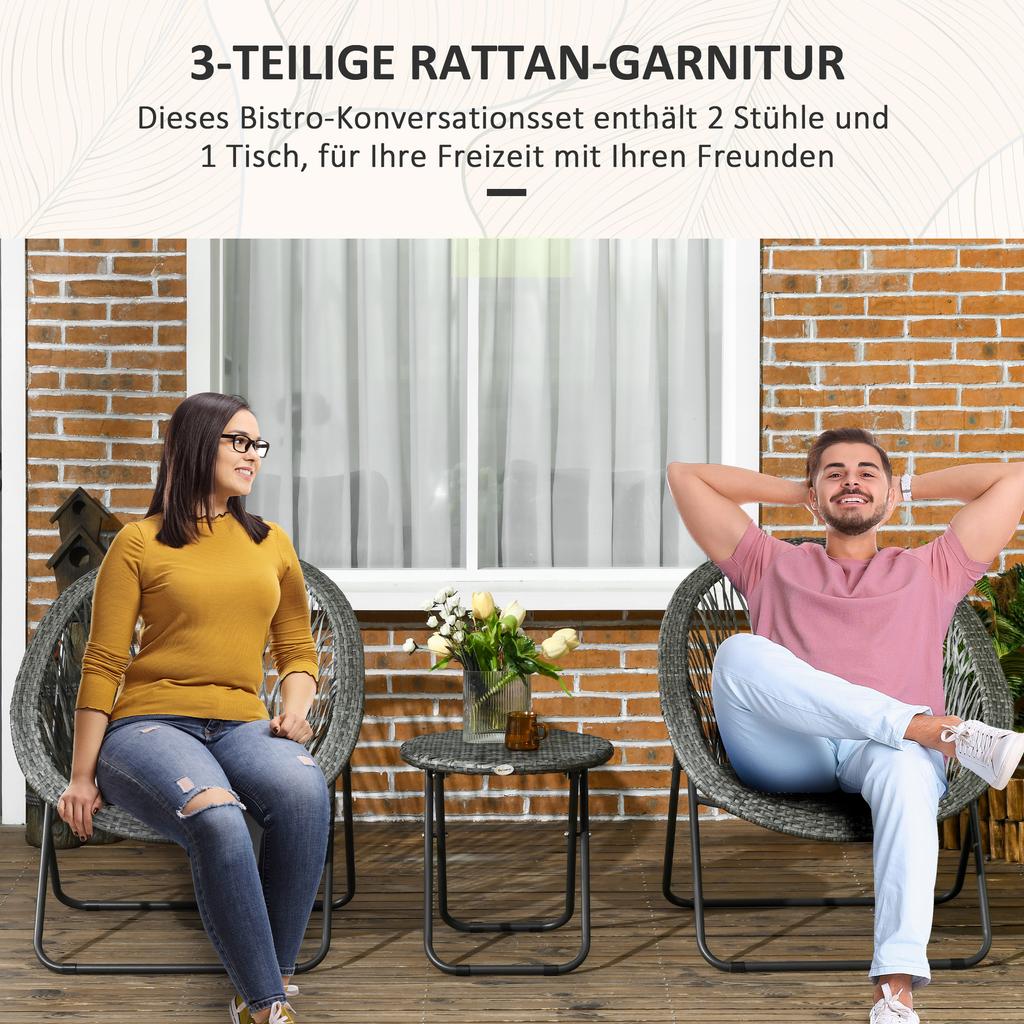 Garden Furniture Set, 3-Piece, Rattan Look, 2 Chairs, 1 Table, Foldable, Grey