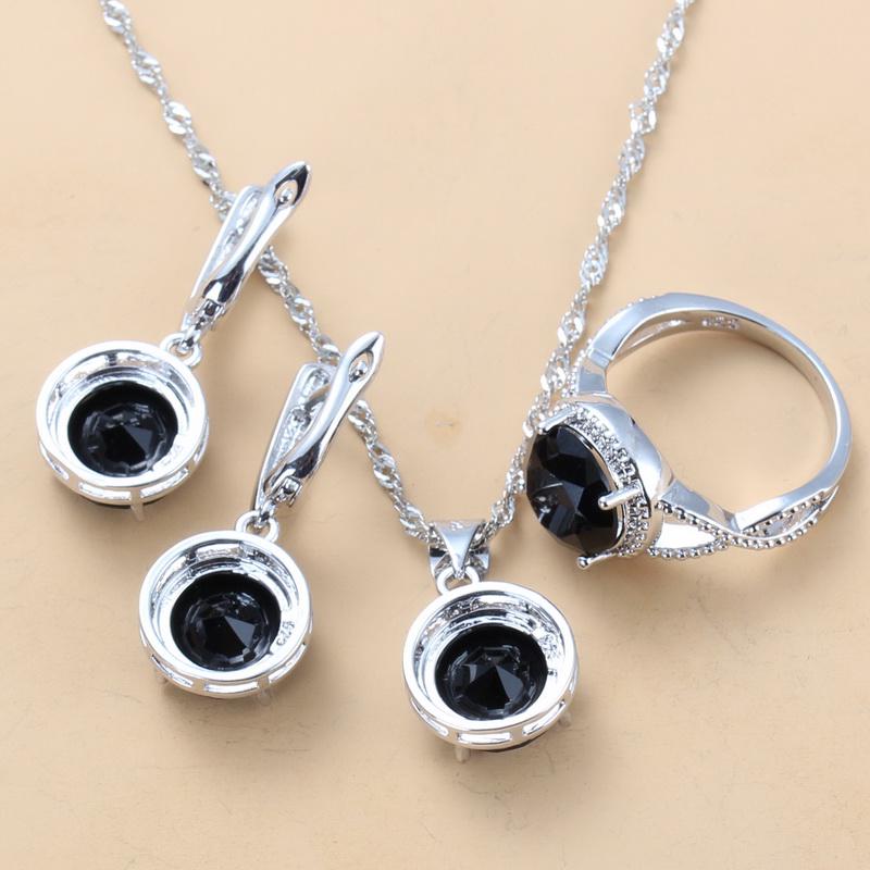 Sell Well Wedding Jewelry Sets Round Black Zircon Dangle Earrings And Necklace Ring For Women Gift