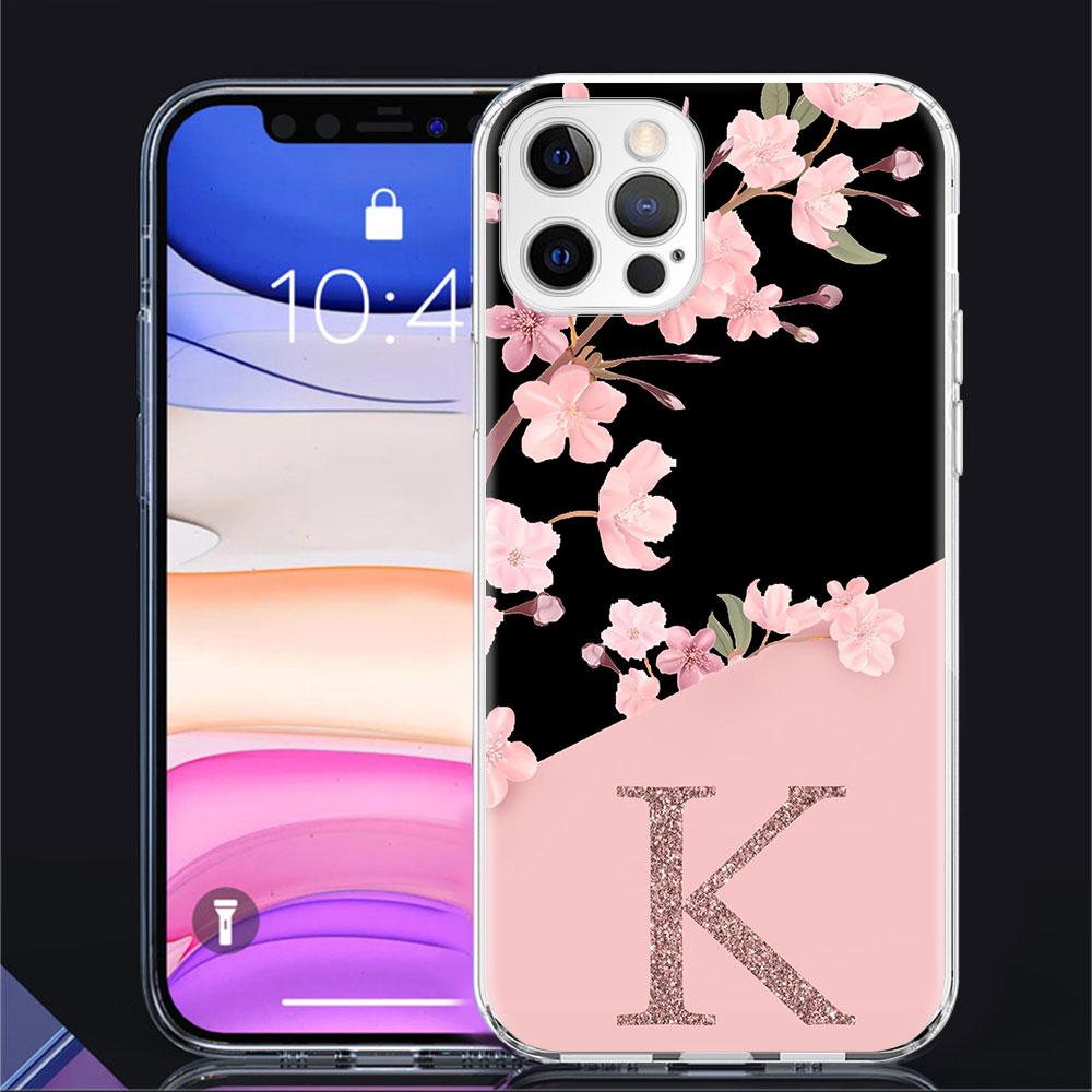 Personalisierte Kirschblüten-Anfangs-Hülle für Apple iPhone 11 13 14 12 Pro 7 8 Plus XR X XS Max 6 6S Klare Silikon-Handy-Coque