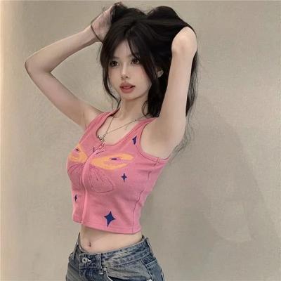 American Sexy Butterfly Hand-painted Graffiti Camisole Women's Summer Outer Wear Short Style Hot Girl Sleeveless Zipper Top
