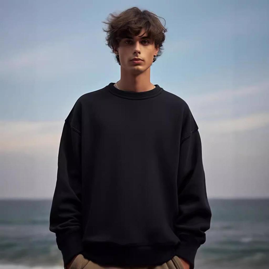 Men's Plus Size Round Neck Solid Color Hoodie - Loose Fit with Velvet Base Layer for Couples, Suitable for Spring and Autumn.