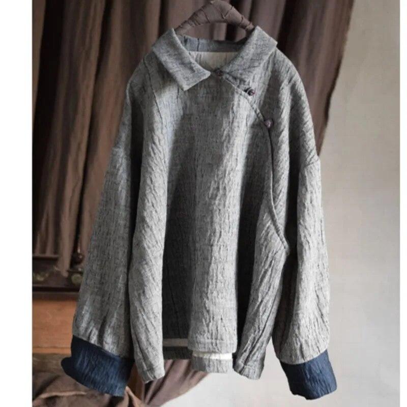 Johnature Linen Lapel Vintage Style Loose Shirt Autumn Woman Long Sleeves Splicing Contrast Color Shirt