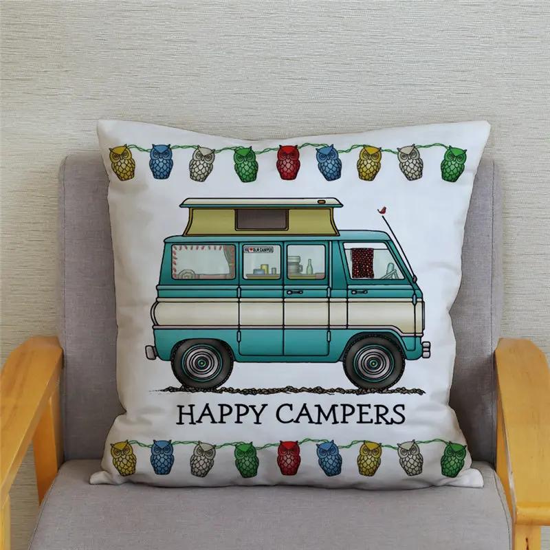 45X45Cm Happy Campers Owl Motorhome Print Pillow Case Soft Polyester Sofa Car Seat/Back Cushion Cover For Home Decor Pillowcases