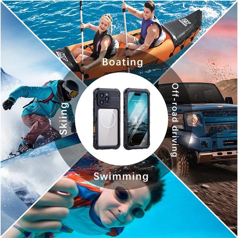 IP68 Waterproof Magnetic Metal Bumper Full Body Case for iPhone 16 15 14 13 Pro Max 16 Plus Heavy Shockproof Diving Hard Cover