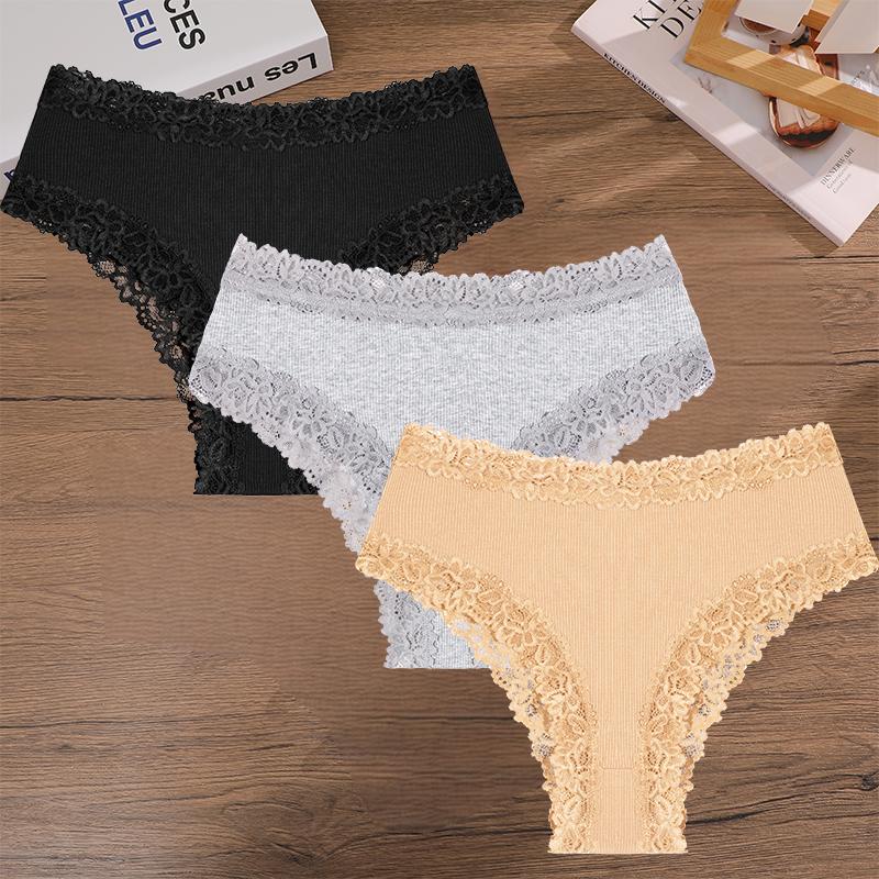 FINETOO 3Pcs Women Cotton Lace Panties Floral Intimate Briefs High Waist Brazilian Panties Female Soft Underpants Lingerie S-XXL