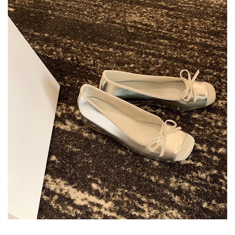 Cowhide Version~ Silver Leather Inner Height Increase Square Head Ballet French Mary Jane Shoes Bow Single Shoes Women's Flat Bottom
