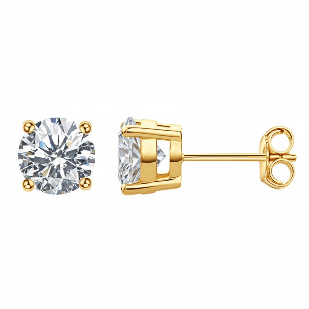 Classic Six-Prong Moissanite Stud Earrings in Gold-Plated 925 Sterling Silver for Women 3.0mm 0.1 carat x2