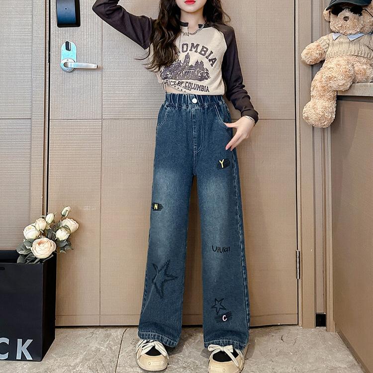 Girls' Jeans Wide Leg Pants Straight Leg Pants Loose Girls' Pants Children's Clothing Embroidered Pentagram Jeans Spring and Autumn Styles