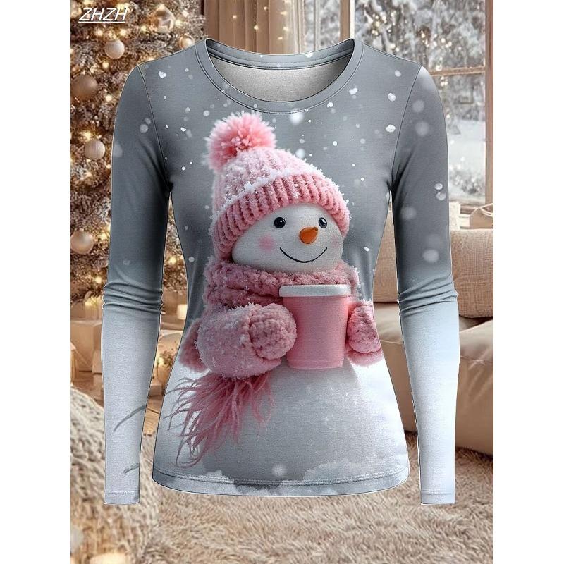 Women's Fashion Snowman Print Long Sleeve, Christmas Holiday Graphic Top, Crew Neck Casual Style, Spring Fall Winter Wear