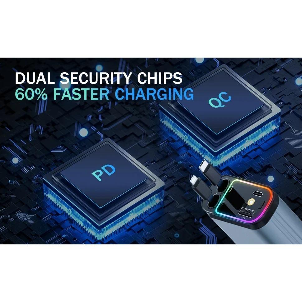 Încărcător Auto Rapid Retractabil 4 ÎN 1 120W PD QC 3.0 Încărcare Telefon pentru Lightning USB Tip C Adaptor Soclu Rotativ