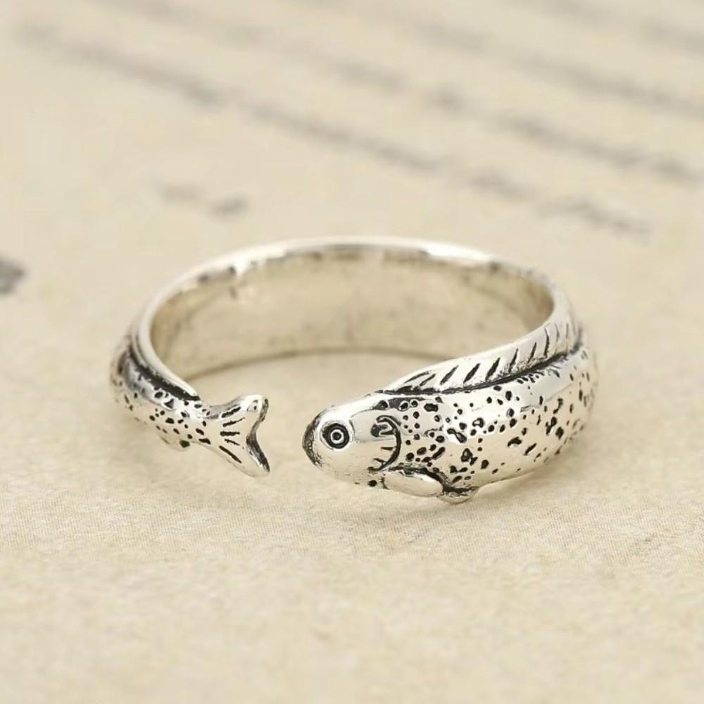 Niche Simple Fish Shaped Ring Alloy Gold Vintage Adjustable Ring Distressed Silver Retro Open Ring Daily