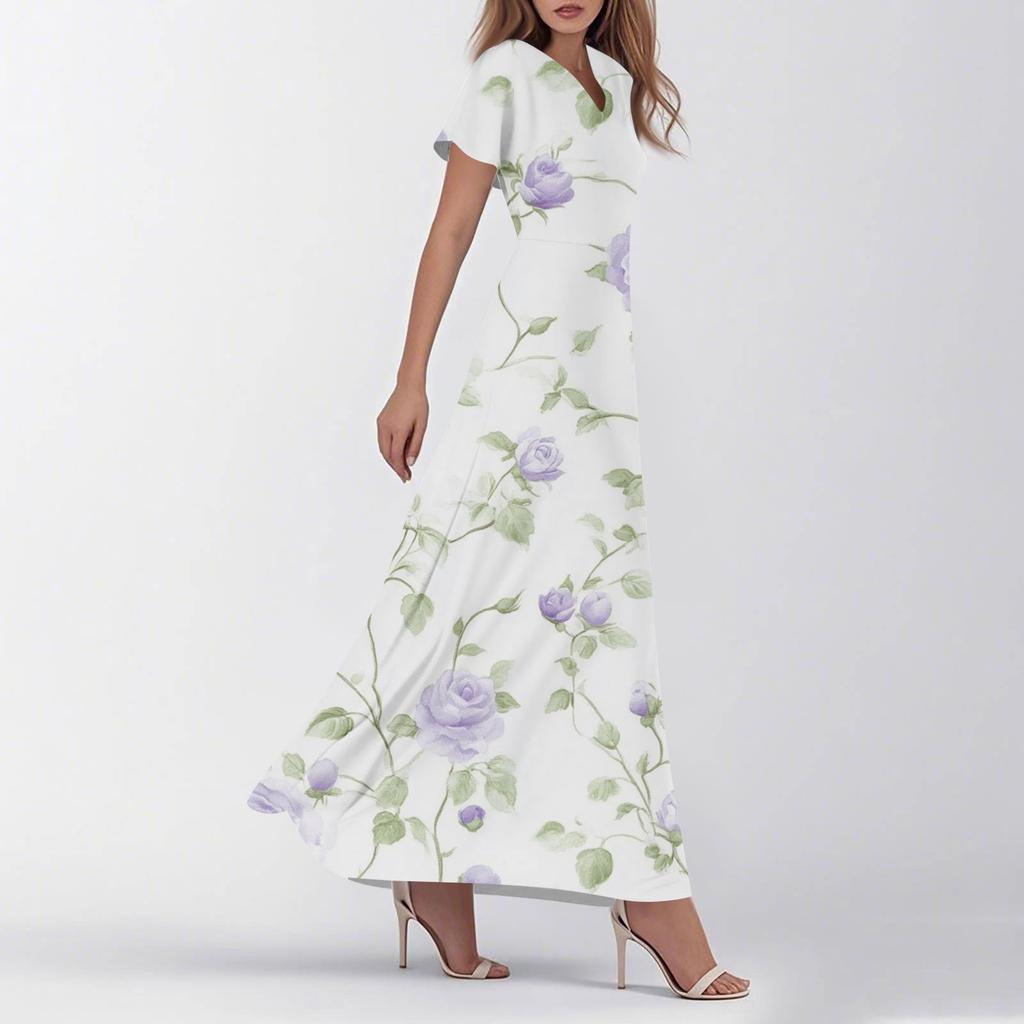 Women's Summer Casual Fashion Floral Print Dress V Neck Short Sleeve Dress