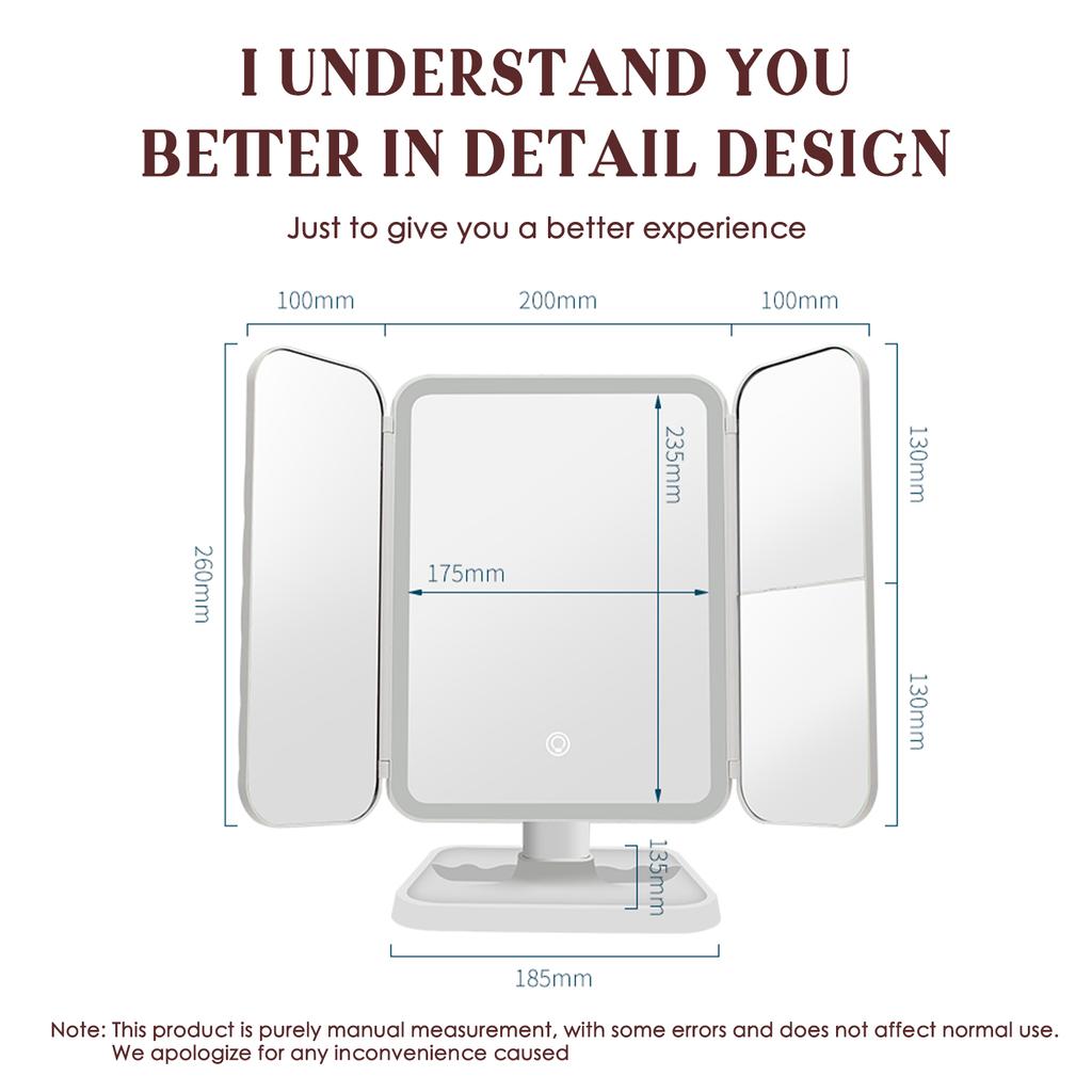 LED Trifold Makeup Mirror +2X +3X Magnification 3 Adjustable Color Temperatures Stepless