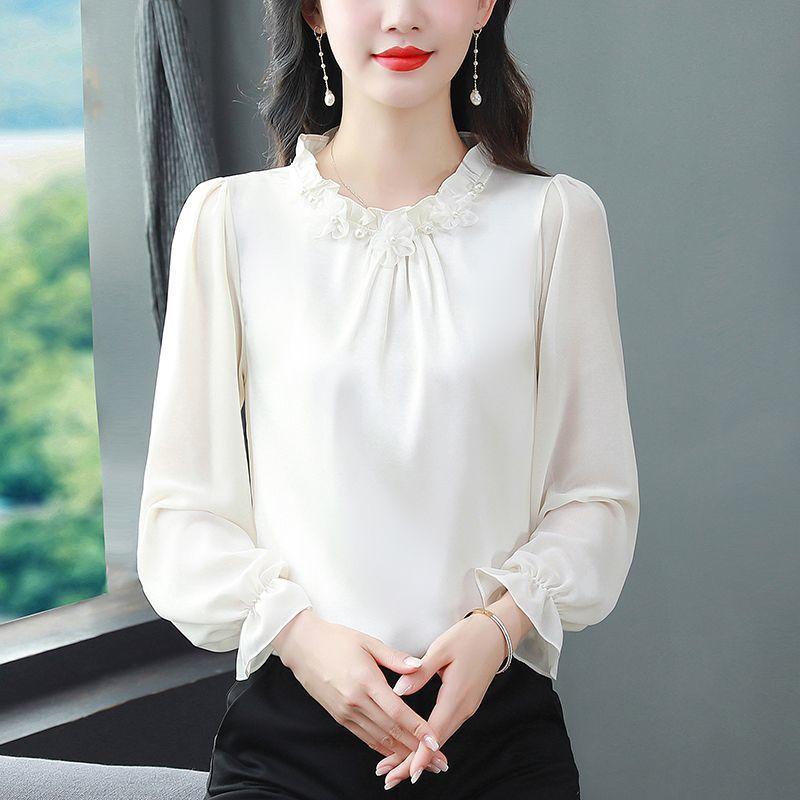 

Весна Осень Бисероплетение V-образный вырез Темперамент Однотонная Рубашка Женская Длинный рукав Рюши Элегантная Блузка Пуловер Топ M абрикосовый