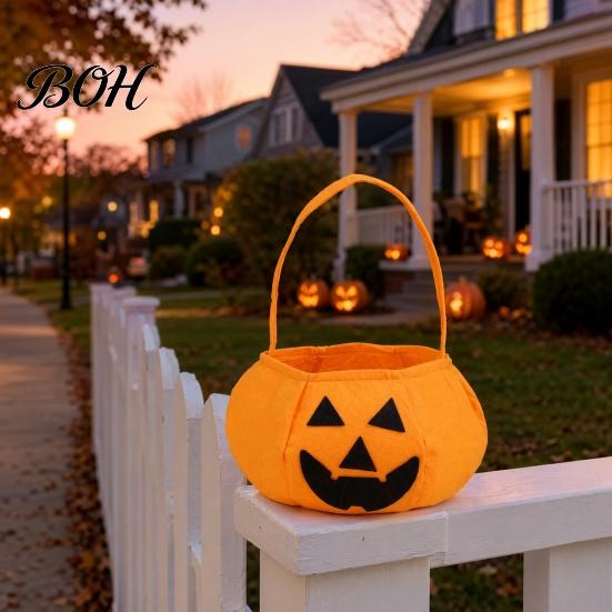 Halloween Party Decoration Pumpkin Candy Bag for Kids, Reusable Non-Woven Trick or Treat Bucket, Bucket Face Snack Holder Basket with Handle