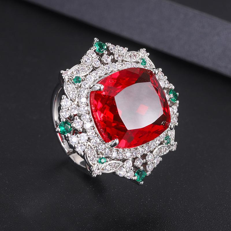 Sapphire inlaid zircon ring simulation Paraiba ruby ring European and American jewelry colored treasure ring
