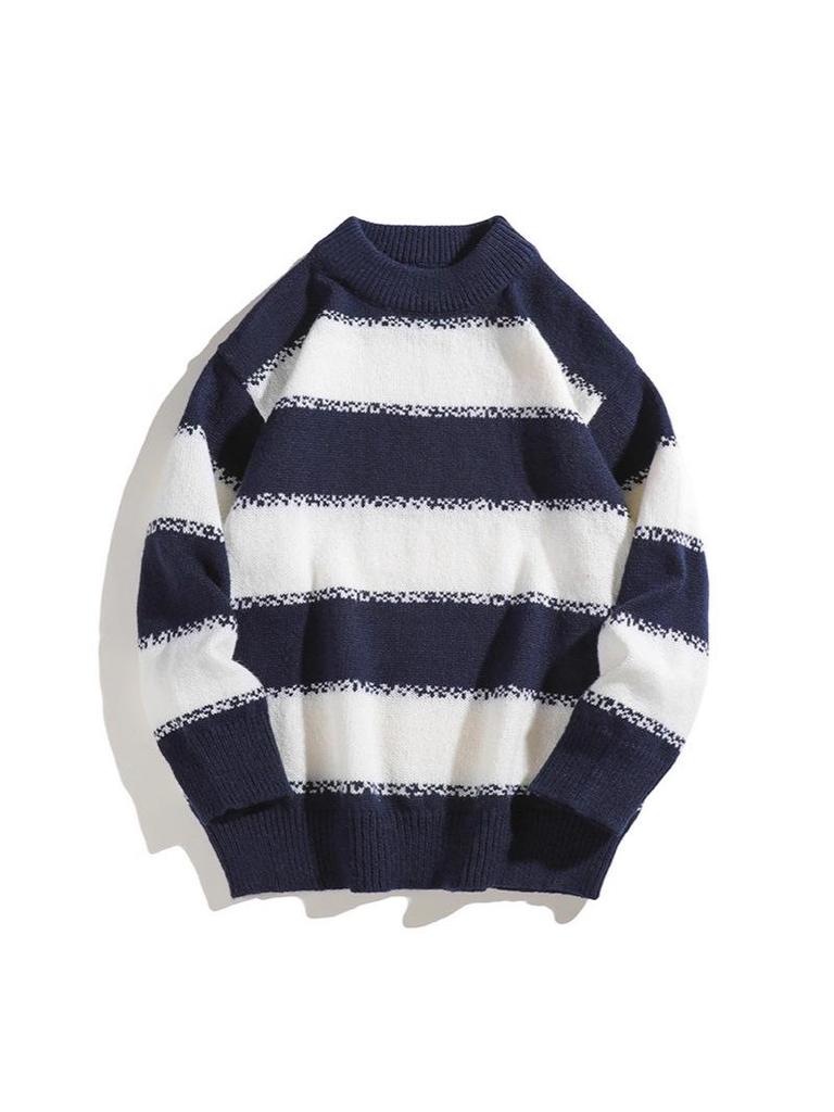 Men's Japanese Casual Striped Knit Pullover - 2025 Autumn/Winter Long Sleeve Round Neck Sweater