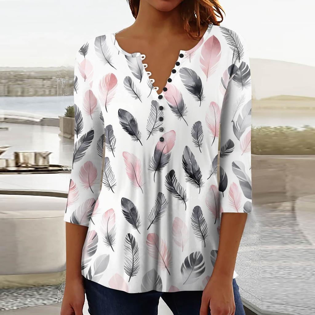 Women's Fashion Casual Pullover T-Shirt 3/4 Sleeve Printed Top