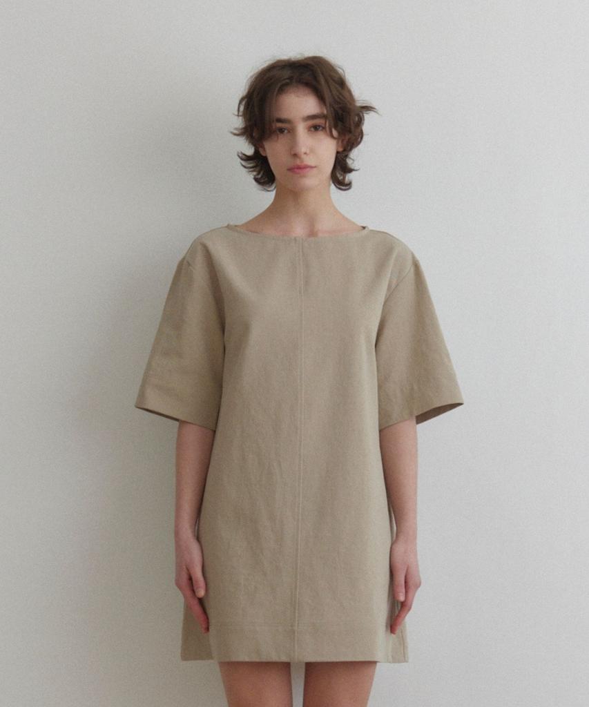 Okuka Boat Neck Cotton Dress - Beige