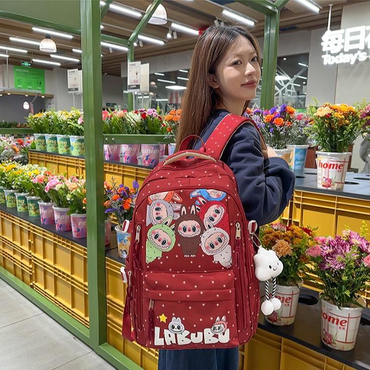 labubu student backpack for girls in junior and senior high school, large capacity, casual backpack for girls, lightweight and versatile