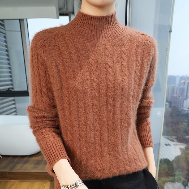 Lekasha Women's Mink Cashmere Knit Pullover - Half-High Neck, Autumn/Winter Loose Fit.