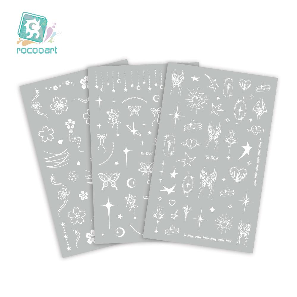 Blue-Green Luminous New Year Nail Stickers with White Lace and Butterfly Designs