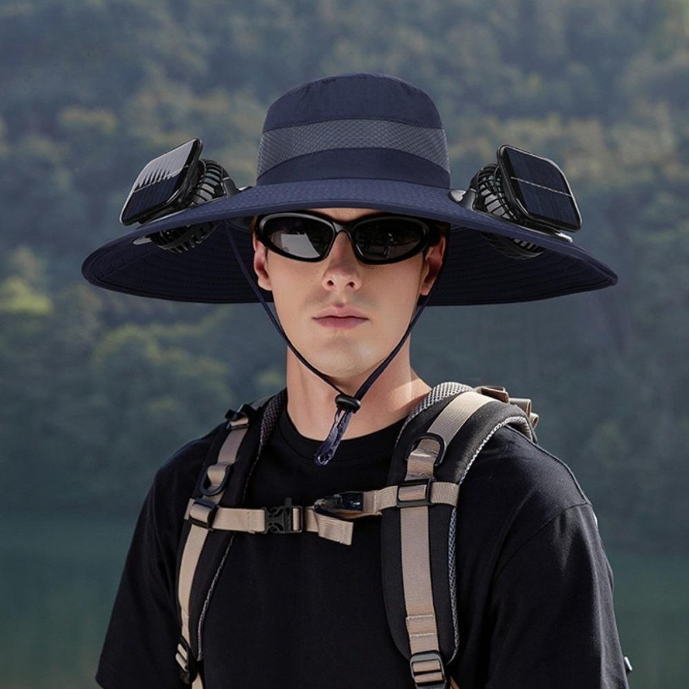 Men Solar Powered Dual Fan Hat, Summer Outdoor Mountaineering Fishing Sun Hat, Wide Brim Breathable UV Protection Fisherman Cap