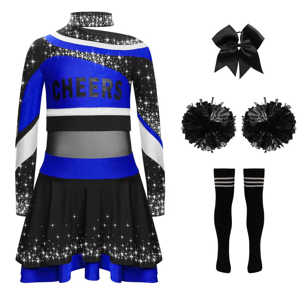 Girls Cheerleading Costume Set Long Sleeve Rhinestone Letter Print Color Block Top Skirt Bowknot Headband Striped Socks Pom Poms