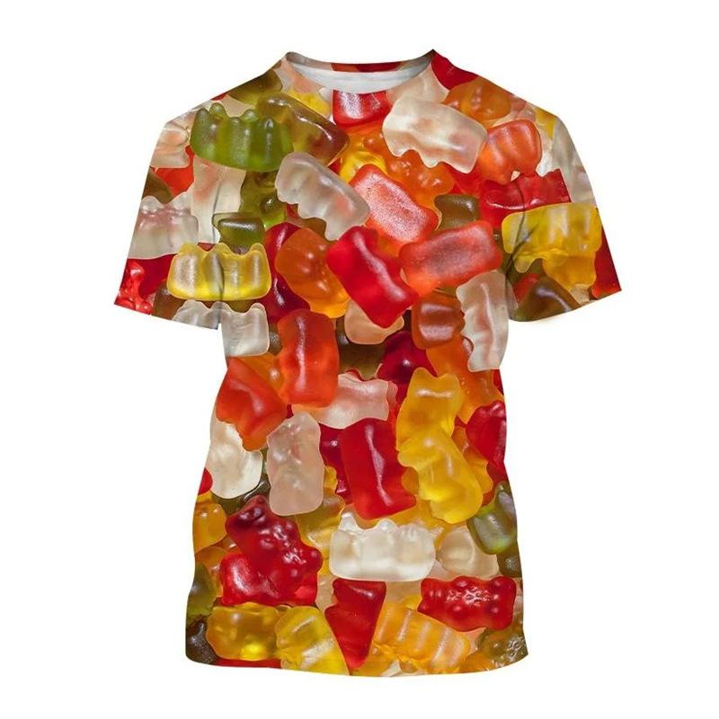 Candy 3D Printed Short Sleeved T-shirt Summer Breathable Polyester Simple Round Neck Top