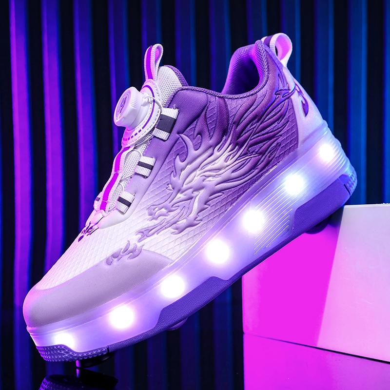 Children's Roller Skates Removable Flat Charging LED Four Wheels Glowing Sports Shoes Pink Women's Glowing Sneakers