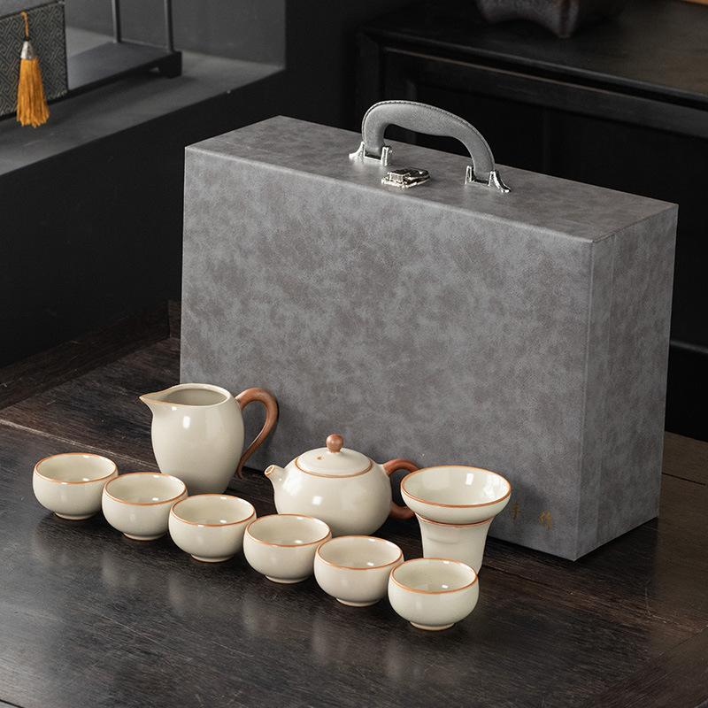 

Beige Ru Kiln Kung Fu Tea Set Household Ceramic Tea Bowl Teapot Business Full Set of Gifts Tea Set