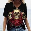 Blomster Skalle Mønster 3D Digitaltrykk Dame Komfortabel V-hals Kortarmet T-skjorte