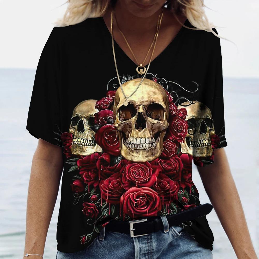 Blomster Skalle Mønster 3D Digitaltrykk Dame Komfortabel V-hals Kortarmet T-skjorte