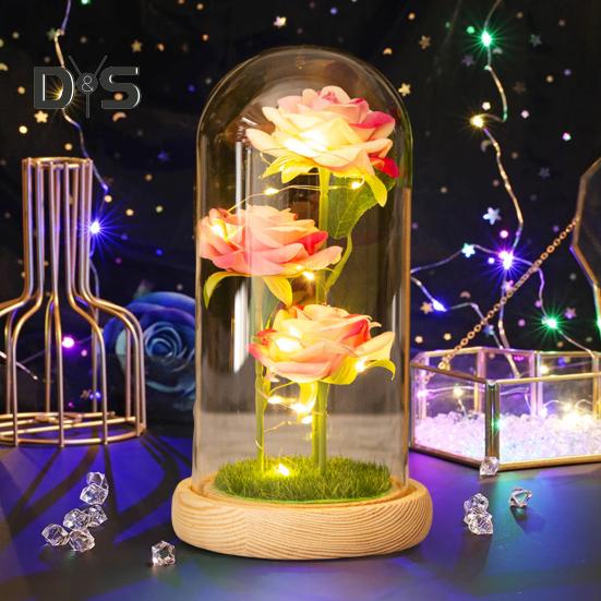 Rose préservée dans un dôme en verre avec éclairage LED, fleur éternelle, cadeau romantique pour femme, Saint-Valentin, fête des mères
