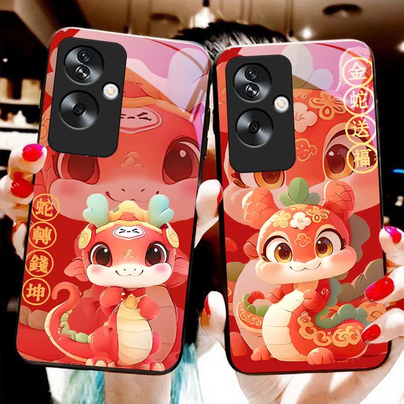 New Cartoon Snake For Oppo A79 5G 58 78 74 60 4G Reno 11F Realme GT 6 11 Note 50 10 C55 X2 Tempered Glass Black Phone Case
