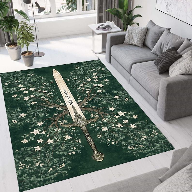 Fantasy Sword Tree Rune Magic Rug Gothic Medieval Style Green Elven Carpet for Bedroom Game Room Decorative Floor Mat